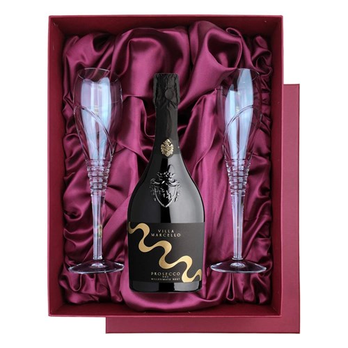 Villa Marcello Prosecco Brut 75cl in Red Luxury Presentation Set With Flutes
